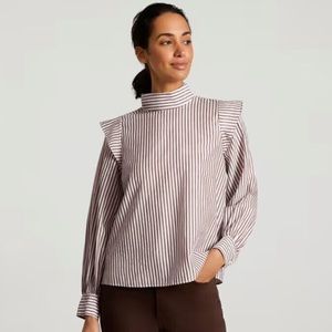 Everlane The Wing Shoulder Mock neck Striped Top In Pecan/White